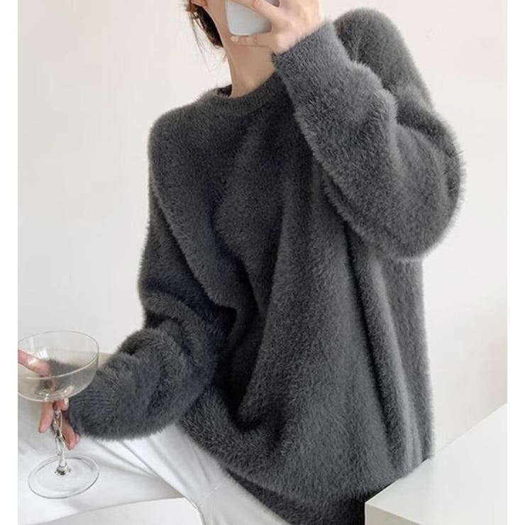 グレー | 丸襟ふわふわニットセーター | Bifrost