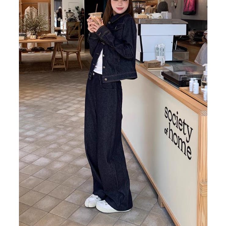 デニムジャケットハイウエストワイドレッグデニムパンツ セットアッ