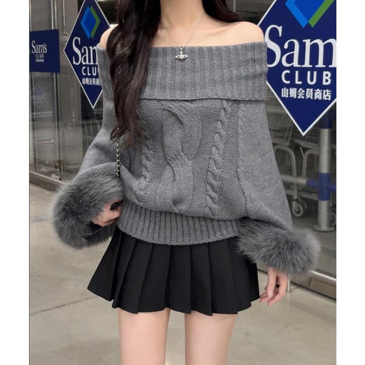 ファースリーブオフショルダーケーブルニット[品番：UZ000011745