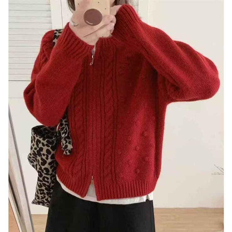 レッド | ケーブルニットフルジップカーディガン | Bifrost