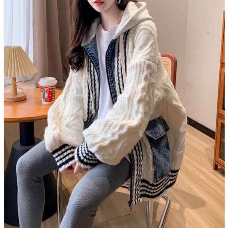 オフホワイト | デニムパッチワークケーブルニットパーカー | Bifrost