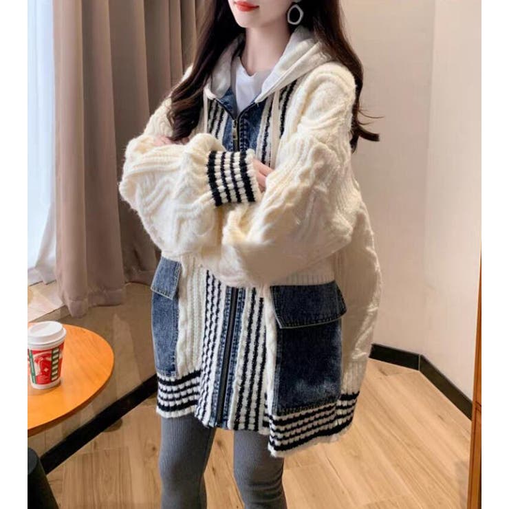 デニムパッチワークケーブルニットパーカー | Bifrost | 詳細画像3 