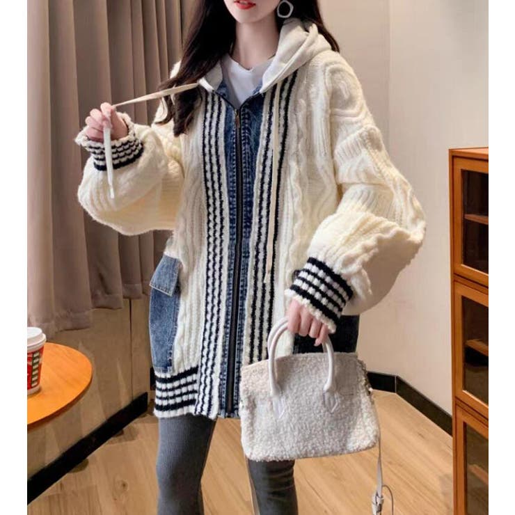 デニムパッチワークケーブルニットパーカー | Bifrost | 詳細画像4 