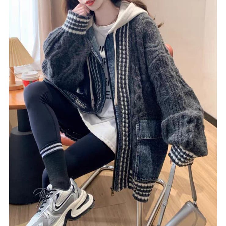 デニムパッチワークケーブルニットパーカー | Bifrost | 詳細画像6 