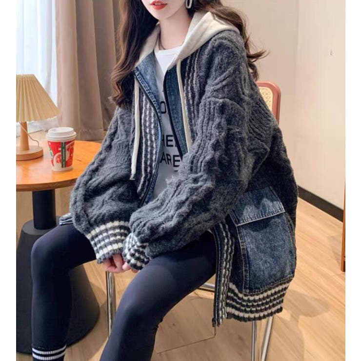 デニムパッチワークケーブルニットパーカー | Bifrost | 詳細画像7 