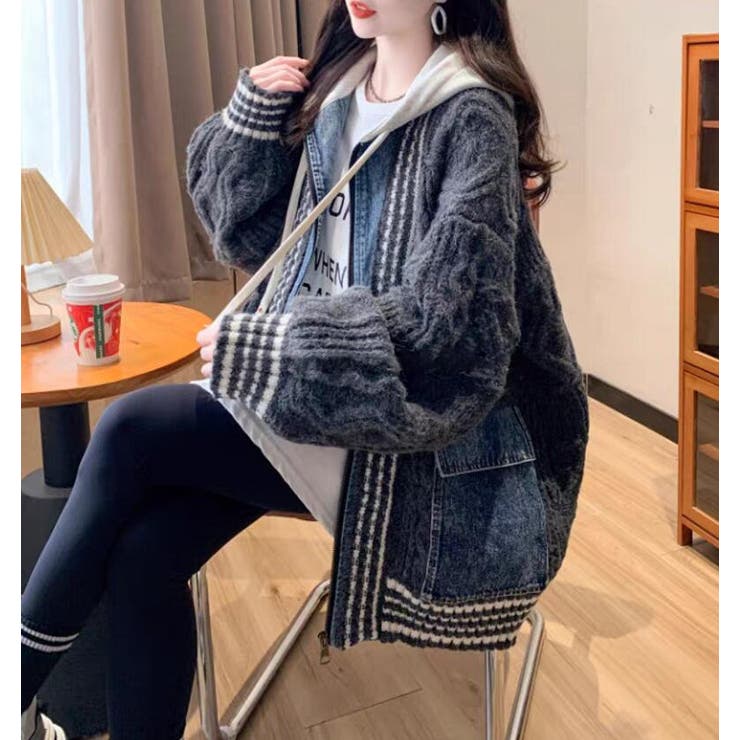 デニムパッチワークケーブルニットパーカー | Bifrost | 詳細画像8 