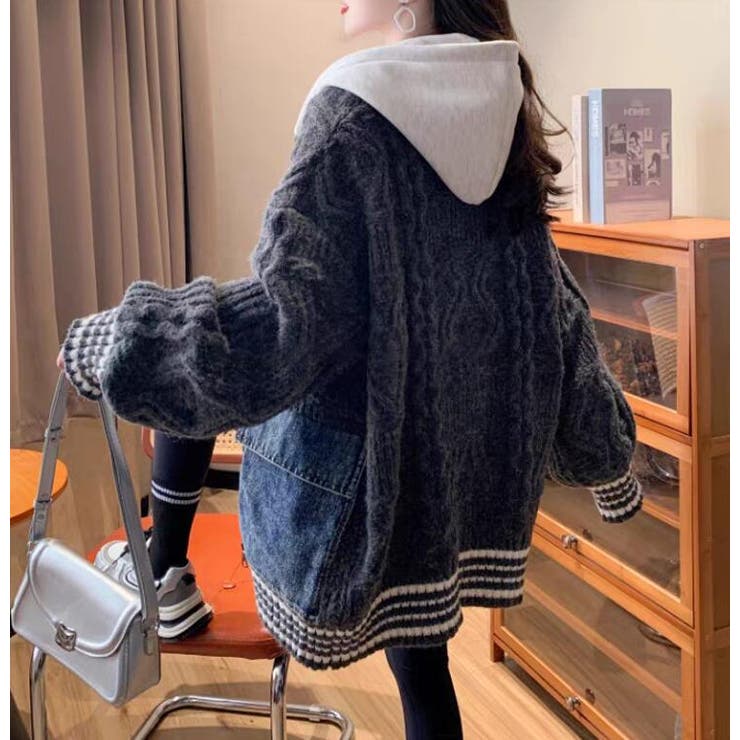 デニムパッチワークケーブルニットパーカー | Bifrost | 詳細画像9 