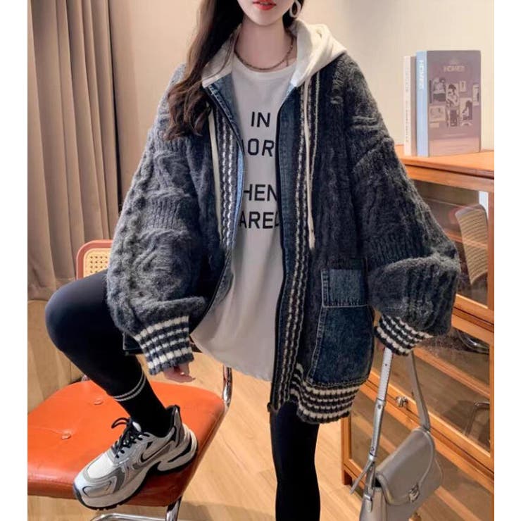 デニムパッチワークケーブルニットパーカー | Bifrost | 詳細画像10 