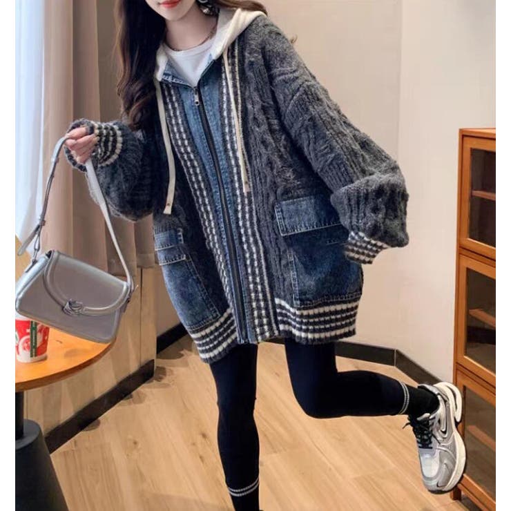 デニムパッチワークケーブルニットパーカー | Bifrost | 詳細画像11 