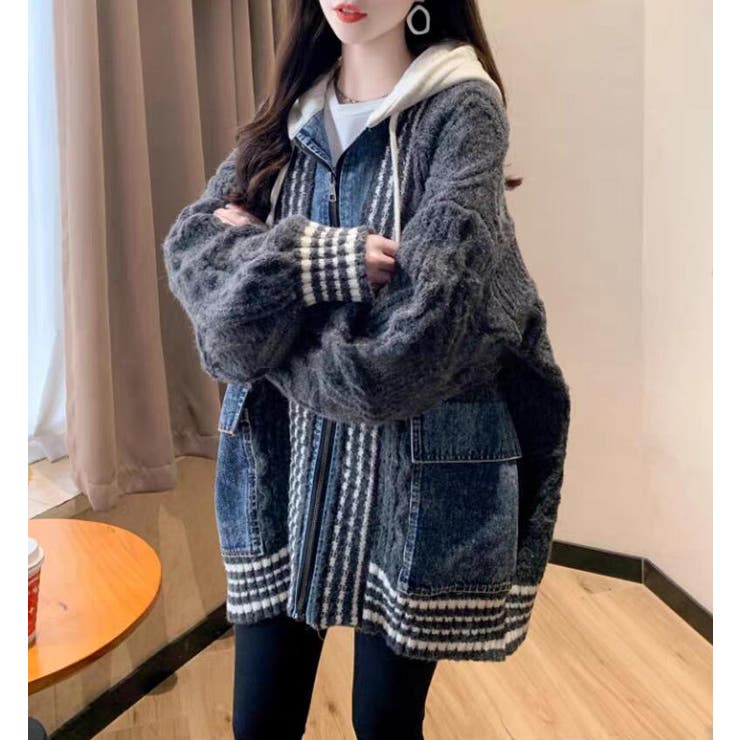 デニムパッチワークケーブルニットパーカー | Bifrost | 詳細画像12 