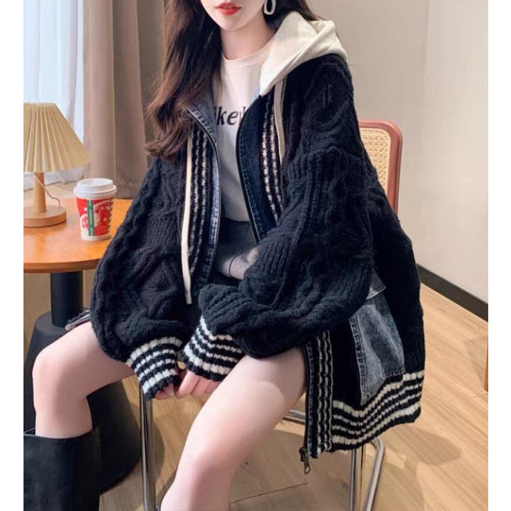 ブラック | デニムパッチワークケーブルニットパーカー | Bifrost