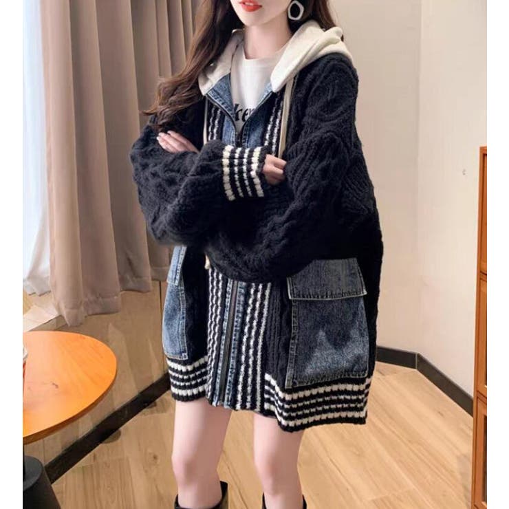 デニムパッチワークケーブルニットパーカー | Bifrost | 詳細画像14 