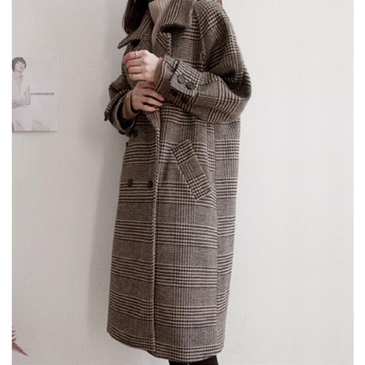 チェック柄デザイン 大きなラペルとダブルブレストが特徴的なロングコート | Bifrost | 詳細画像1 