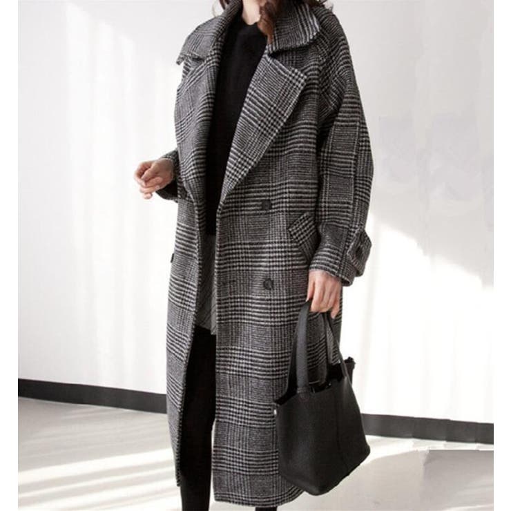 グレー | チェック柄デザイン 大きなラペルとダブルブレストが特徴的なロングコート | Bifrost