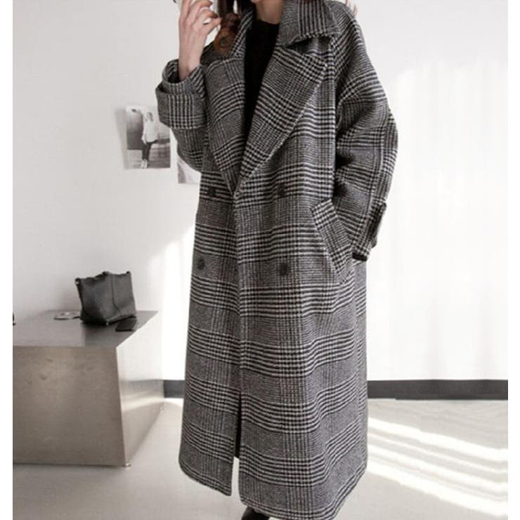 チェック柄デザイン 大きなラペルとダブルブレストが特徴的なロングコート | Bifrost | 詳細画像3 