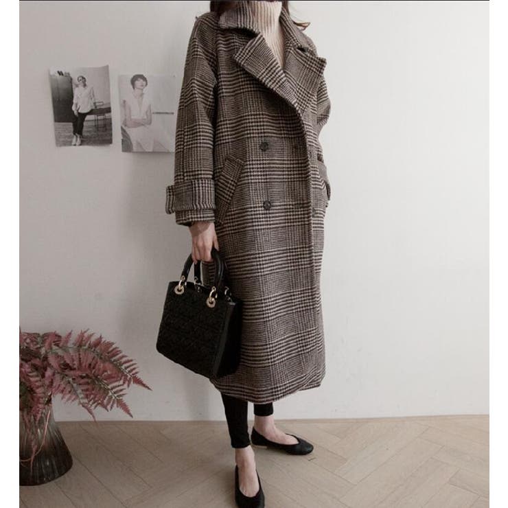 チェック柄デザイン 大きなラペルとダブルブレストが特徴的なロングコート | Bifrost | 詳細画像4 