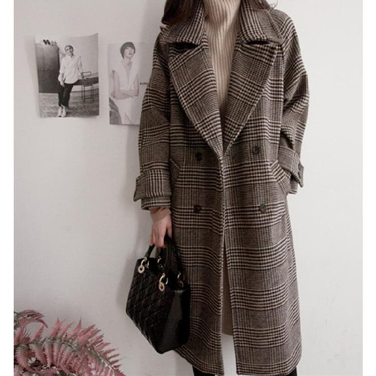 チェック柄デザイン 大きなラペルとダブルブレストが特徴的なロングコート | Bifrost | 詳細画像6 