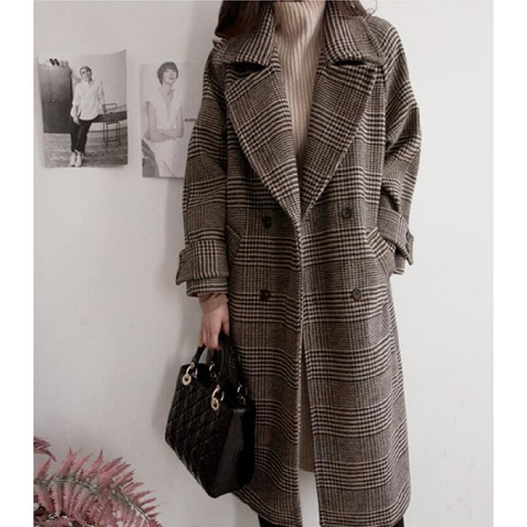 チェック柄デザイン 大きなラペルとダブルブレストが特徴的なロングコート | Bifrost | 詳細画像7 