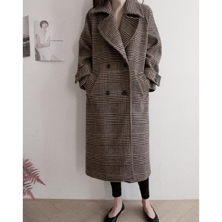 チェック柄デザイン 大きなラペルとダブルブレストが特徴的なロングコート | Bifrost | 詳細画像9 