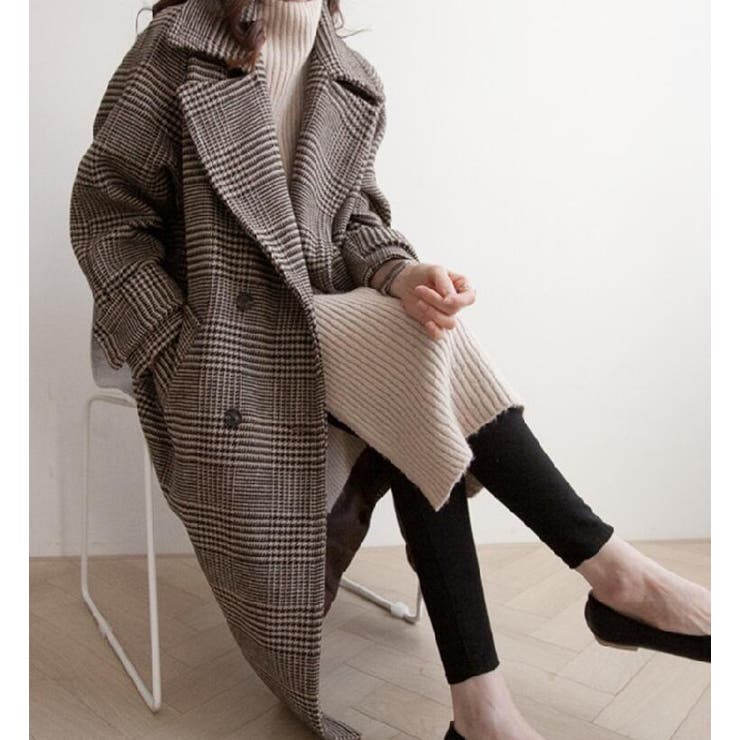 チェック柄デザイン 大きなラペルとダブルブレストが特徴的なロングコート | Bifrost | 詳細画像12 