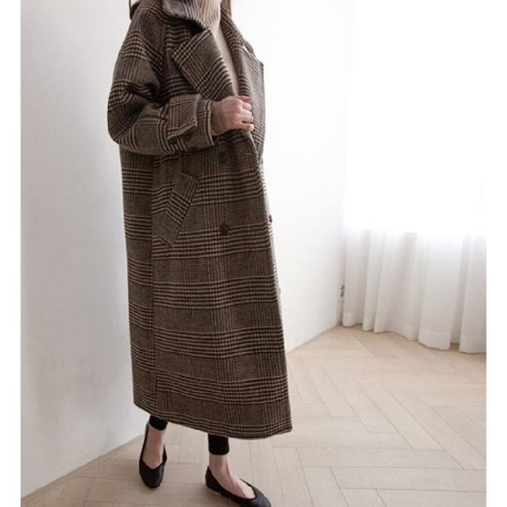 チェック柄デザイン 大きなラペルとダブルブレストが特徴的なロングコート | Bifrost | 詳細画像13 