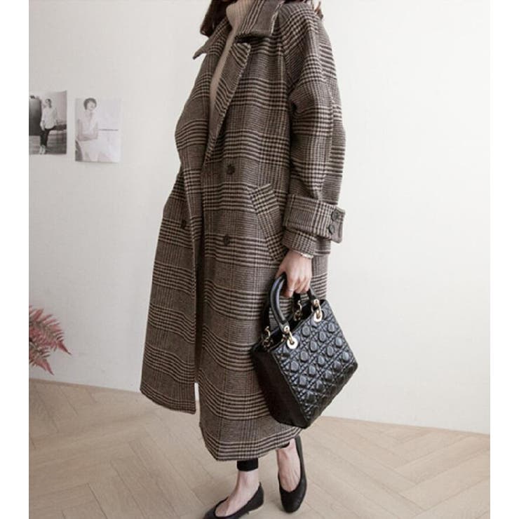 チェック柄デザイン 大きなラペルとダブルブレストが特徴的なロングコート | Bifrost | 詳細画像14 