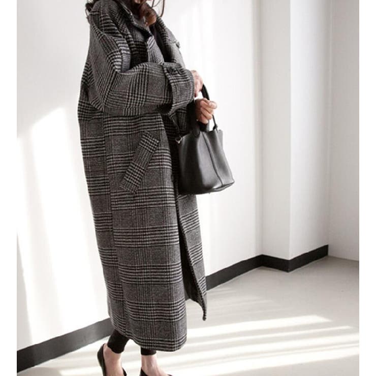 チェック柄デザイン 大きなラペルとダブルブレストが特徴的なロングコート | Bifrost | 詳細画像15 