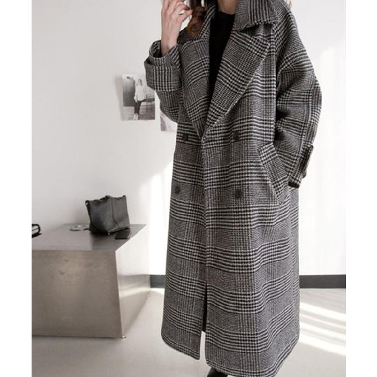 チェック柄デザイン 大きなラペルとダブルブレストが特徴的なロングコート | Bifrost | 詳細画像17 