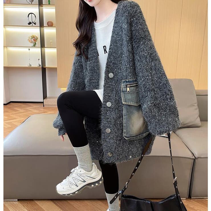 デニムポケット付き オーバーサイズニットカーディガン  | Bifrost | 詳細画像1 