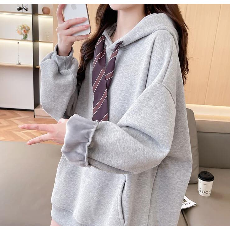 ネクタイ付きオーバーサイズパーカー パーカーワンピース風デザイン | Bifrost | 詳細画像3 