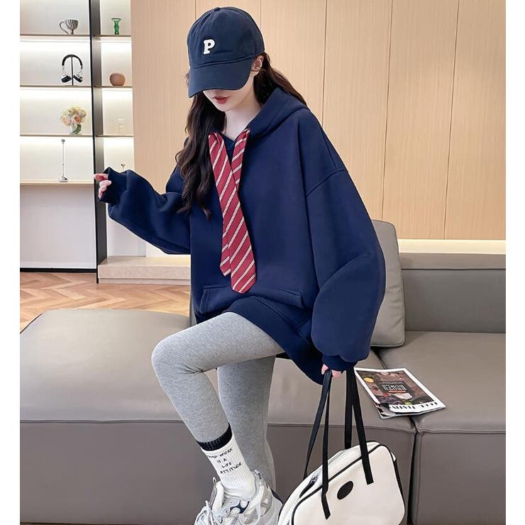 ネクタイ付きオーバーサイズパーカー パーカーワンピース風デザイン | Bifrost | 詳細画像8 