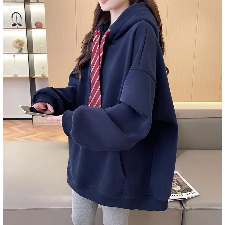 ネクタイ付きオーバーサイズパーカー パーカーワンピース風デザイン | Bifrost | 詳細画像10 