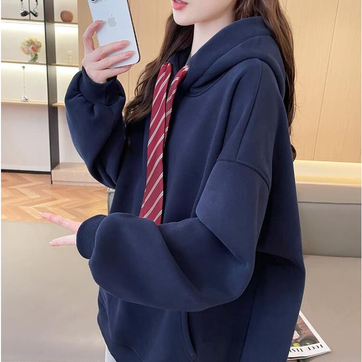 ネクタイ付きオーバーサイズパーカー パーカーワンピース風デザイン | Bifrost | 詳細画像11 