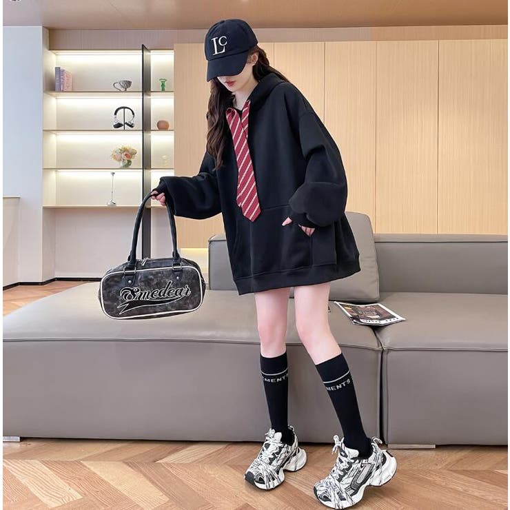 ネクタイ付きオーバーサイズパーカー パーカーワンピース風デザイン | Bifrost | 詳細画像15 