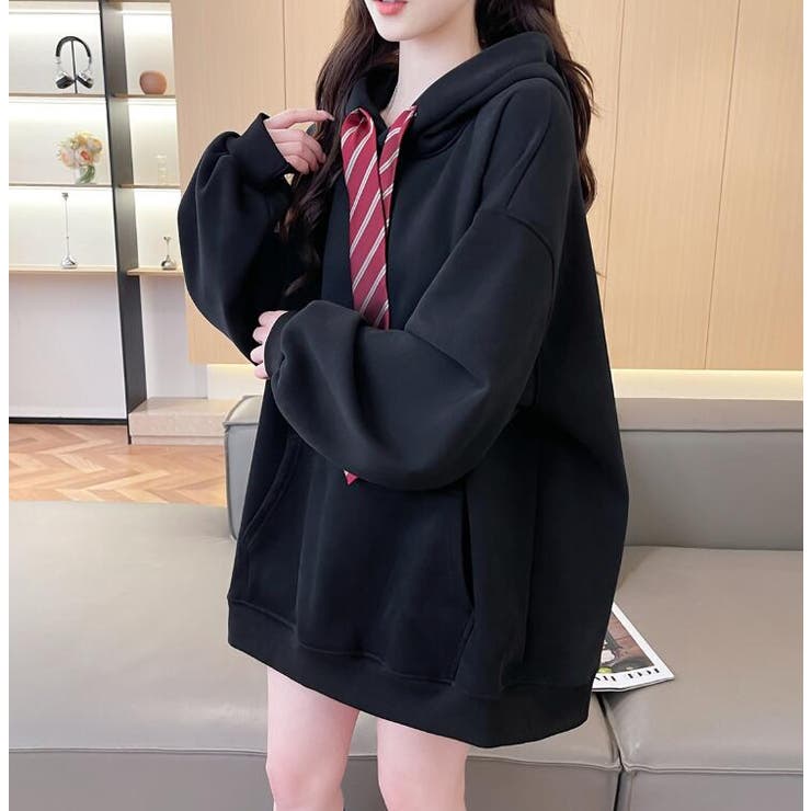 ネクタイ付きオーバーサイズパーカー パーカーワンピース風デザイン | Bifrost | 詳細画像17 