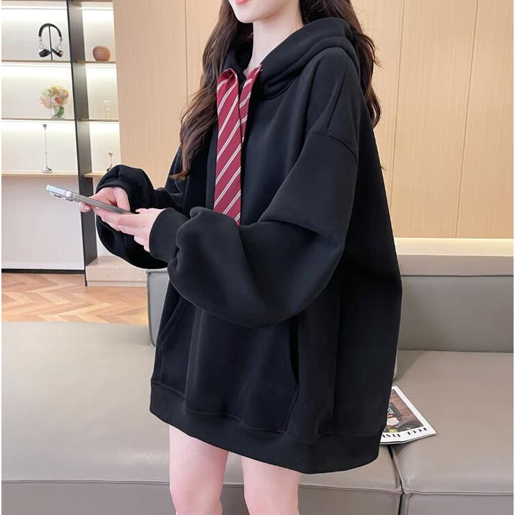 ネクタイ付きオーバーサイズパーカー パーカーワンピース風デザイン | Bifrost | 詳細画像18 