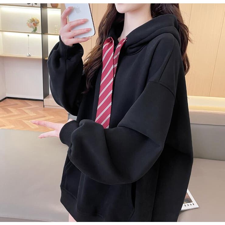 ネクタイ付きオーバーサイズパーカー パーカーワンピース風デザイン | Bifrost | 詳細画像19 