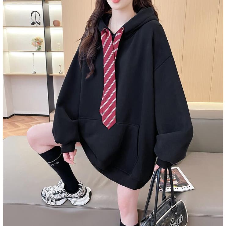 ネクタイ付きオーバーサイズパーカー パーカーワンピース風デザイン | Bifrost | 詳細画像20 