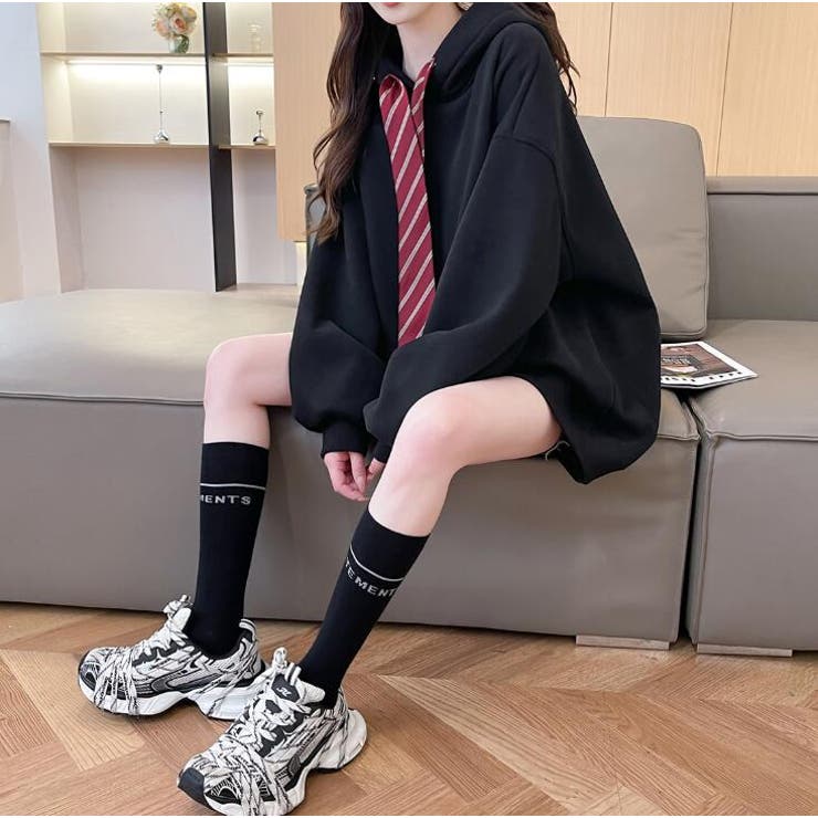 ネクタイ付きオーバーサイズパーカー パーカーワンピース風デザイン | Bifrost | 詳細画像22 