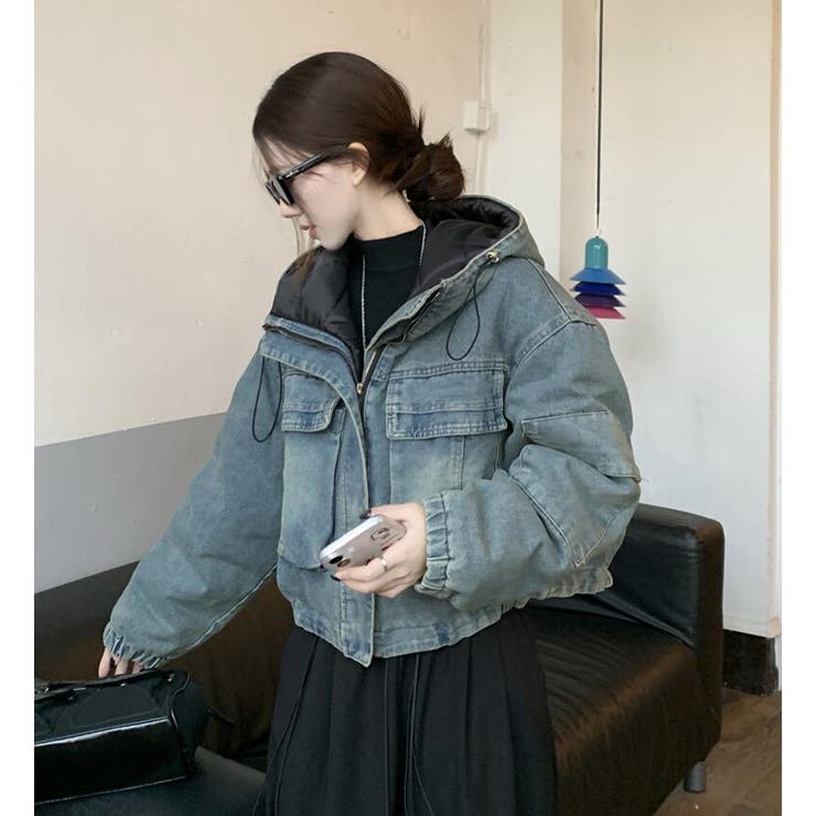パーカーデザインデニムジャケット フード付きデニムアウター[品番
