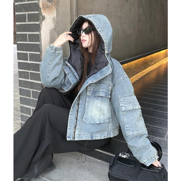 パーカーデザインデニムジャケット フード付きデニムアウター[品番