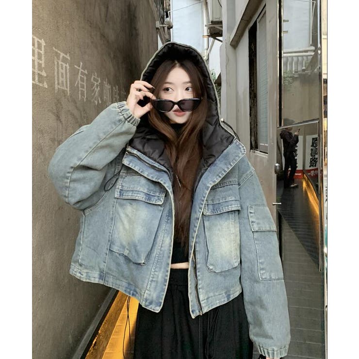 パーカーデザインデニムジャケット フード付きデニムアウター[品番