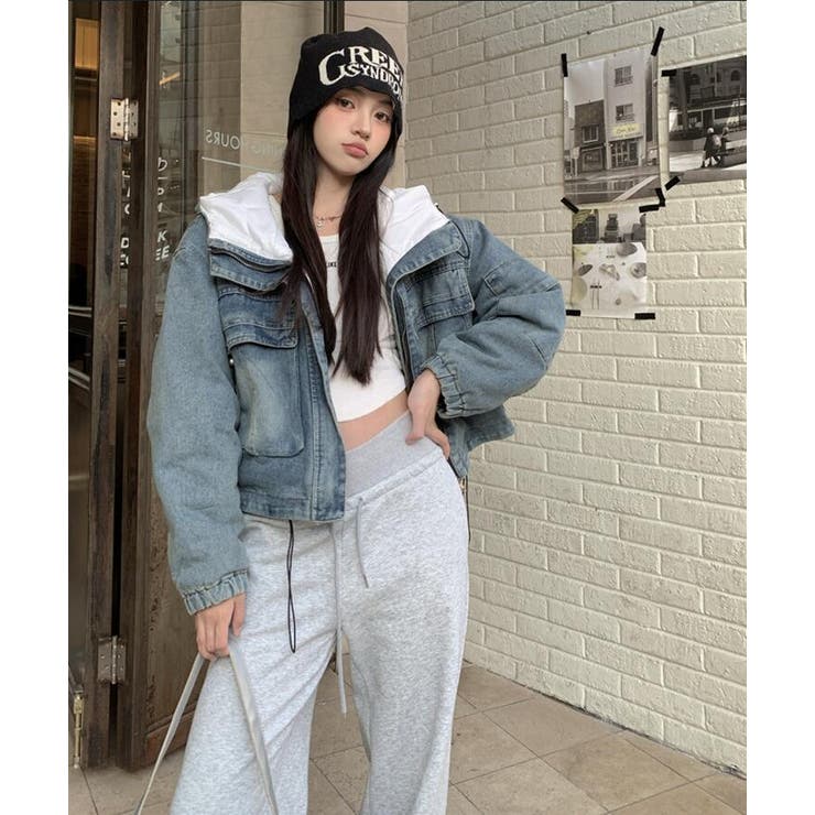 パーカーデザインデニムジャケット フード付きデニムアウター[品番