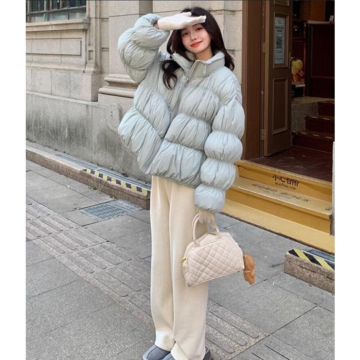 BONBON ルーズフィットフリースジャケット ダウン ベージュ ホワイト 