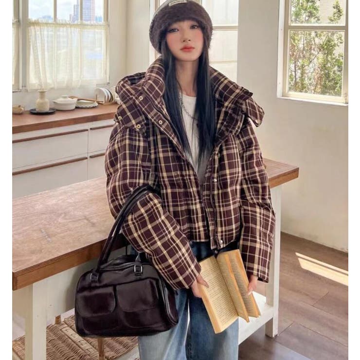 チェック柄 フード付きショートダウンジャケット パフスリーブアウター