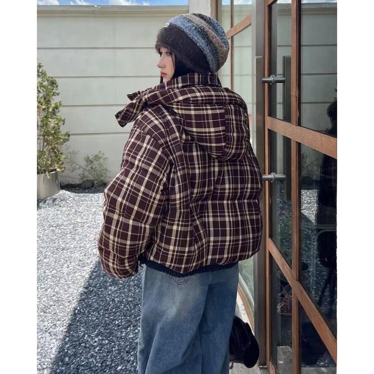 チェック柄 フード付きショートダウンジャケット パフスリーブアウター