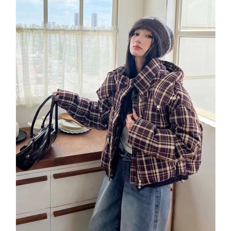 チェック柄 フード付きショートダウンジャケット パフスリーブアウター