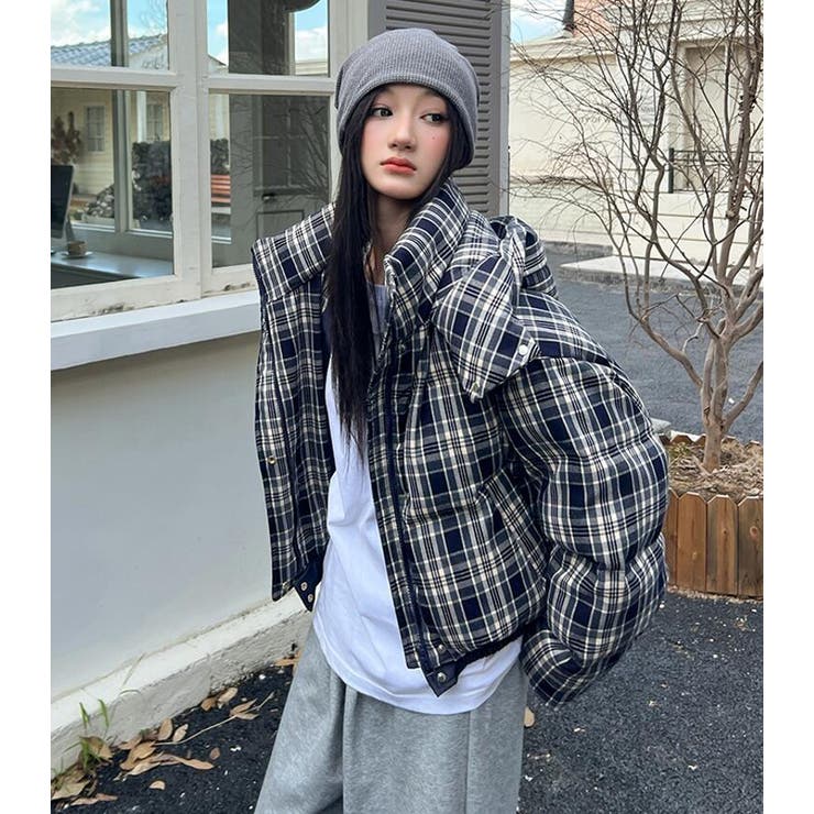 チェック柄 フード付きショートダウンジャケット パフスリーブアウター