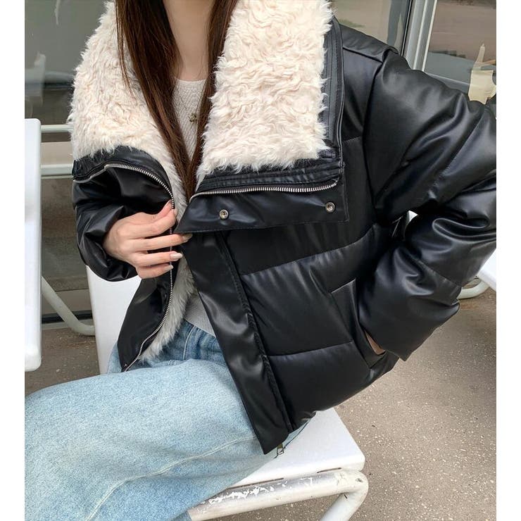 シープスキン大襟 ショート PU レザーダウンジャケット ダウンキルト