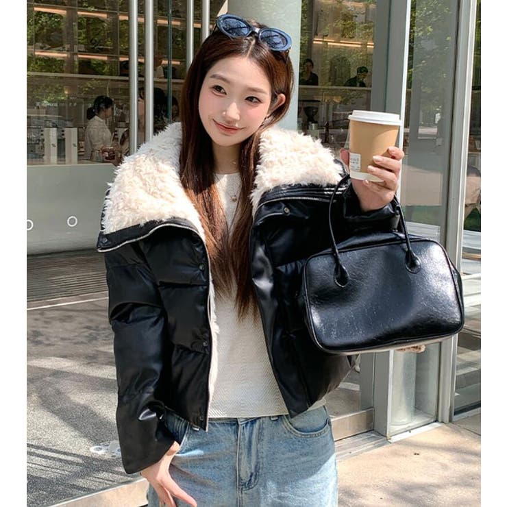 シープスキン大襟 ショート PU レザーダウンジャケット ダウンキルト